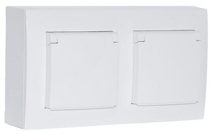 Zásuvkový blok nástenný 2x 250V / 16A s viečkami zásuviek, clonky, farba biela