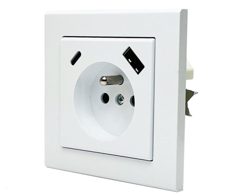 Zásuvka v rámčeku pod omietku, 1x 230V/16A s USB A+C nabíjačkou 20W, farba biela lesklá