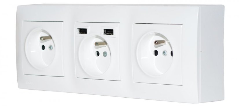 Zásuvkový blok nástenný 3x 250V / 16A s clonkami + 2x USB nabíjačka, bez kábla, farba biela