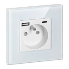 Zásuvka 1x 230V s USB-A + USB-C nabíjačkou, PD 20W, rámček sklo, pod omietku, farba biela