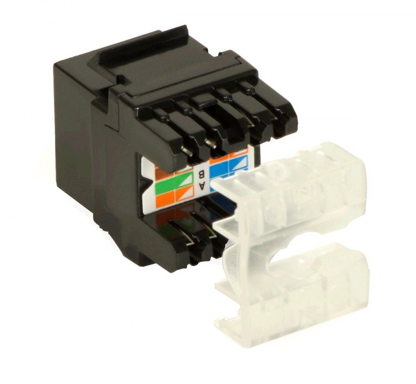 Rohová zásuvka 1x 250V/16A + 2x port RJ45, cat.6 (černé, bez krytek proti prachu), barva bílá lesklá, bez kabelu