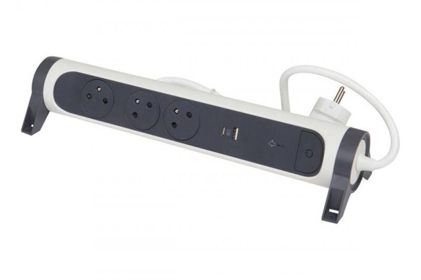 Prodlužovací přívod otočný, 3x zásuvka 230V, USB nabíječka A+C, přepěťová ochrana, vypínač, kabel 1.5m, barva tmavě šedá - bílá