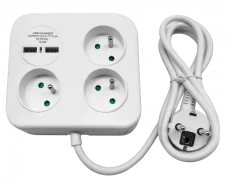 Čtvercový napájecí blok s 3x zásuvkou 230V a 2x USB-A nabíječkou 5V, kabel 1.4m