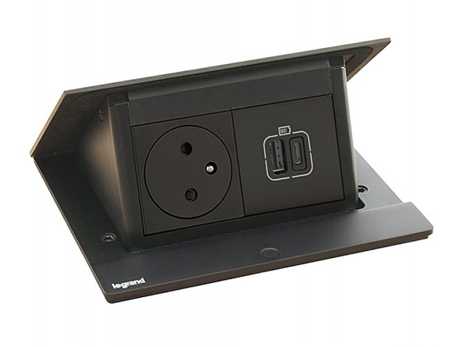 Pop-up blok INCARA 1x zásuvka 250V + nabíjačka USB A + C 15W + montážny rám, čierna farba, kábel 2m