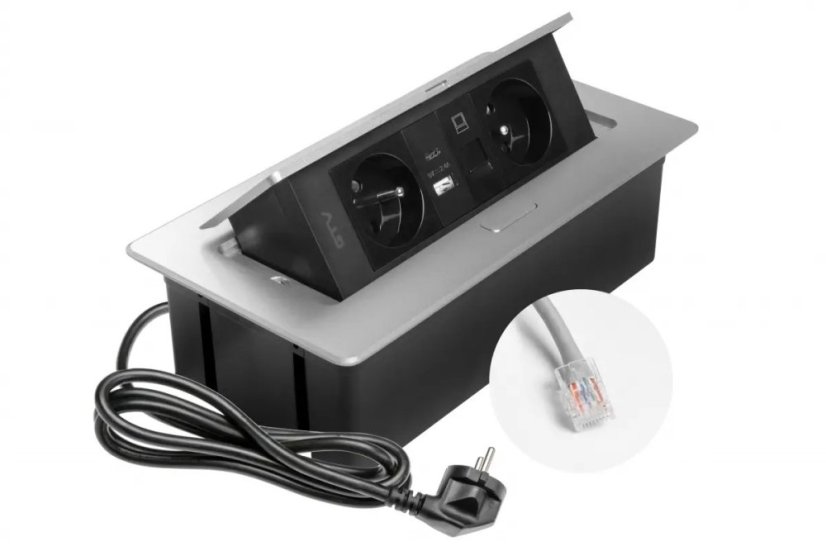 Výklopná zásuvka MULTISOFT, 2x 230V,  USB A/C nabíječka, RJ45, barva stříbrná, kabel o délce 1.5m