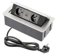 Výklopná zásuvka 2x 230V, 2x USB A+C nabíjací 15W, farba strieborná, kábel o dĺžke 1.5m