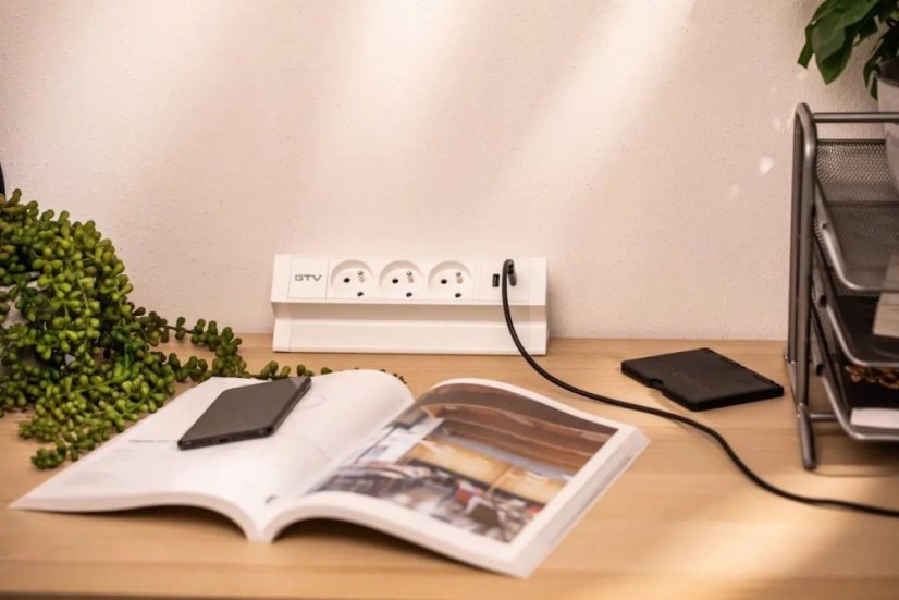 Stolní blok Basco, 3x zásuvka 230V, 2x nabíjecí USB A+C 30W, kabel 1.5m, barva bílá