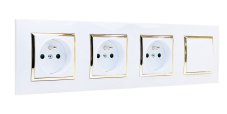 Zásuvky 3x 250V/16A + 1x vypínač č.1 v rámečku pod omítku, bílé barvy se zlatým lesklým ozdobným rámem