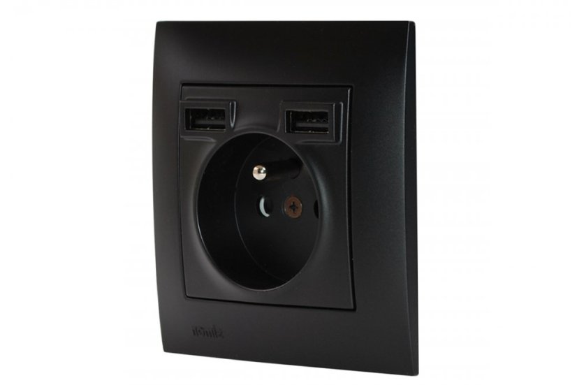 Zásuvka 1x 230V/16A s 2x USB nabíjačkou 5V / 2.1A v rámčeku, inštalácia pod omietku, farba čierna