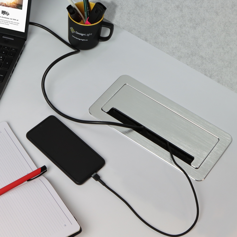 Zásuvkový blok 2x 230V, 2x USB A+C nabíjecí, 1x HDMI, 1x RJ45, kabel 3m, hliník, barva stříbrná