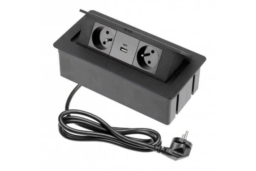 Výklopná zásuvka 2x 230V, 2x USB A+C nabíjecí 15W, barva černá, kabel o délce 1.5m