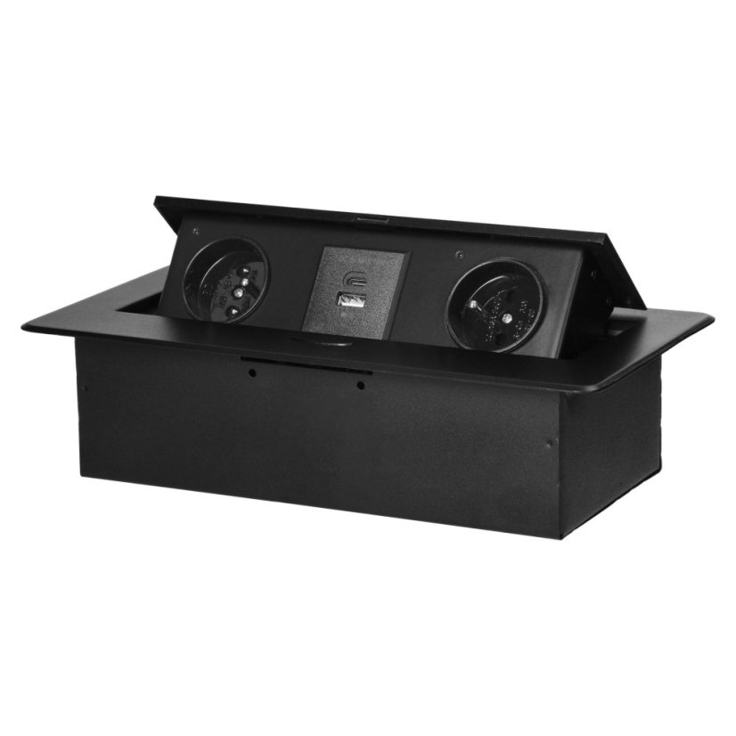 Výklopný zásuvkový blok s frézovaným krytom, 2x zásuvka 230V, 2x USB A + C nabíjačka 5V / 3,6A, bez kábla, farba čierna