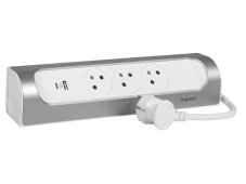 Rohový predlžovací prívod, 3x zásuvka 230V, 2x USB nabíjačka A + C, kábel 1m, farba biela - hliník