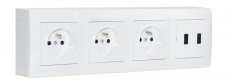 Zásuvky na zeď 3x 250V/16A, 1x USB nabíječka A+C, barva bílá lesklá
