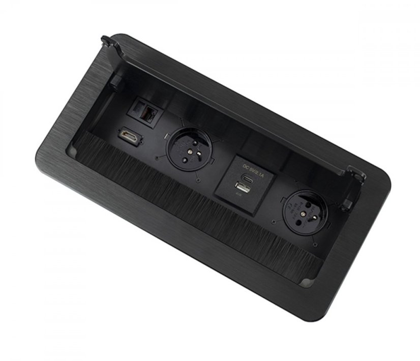 Zásuvkový blok 2x 230V, 2x USB nabíjecí (Typ -A, Typ-C), 1x HDMI, 1x RJ45, kabel 3m, hliník, barva černá