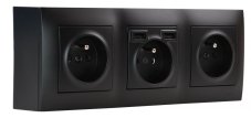 Zásuvkový blok nástěnný 3x 250V/16A s clonkami + 2x USB nabíječka A+C, bez kabelu, černá matná