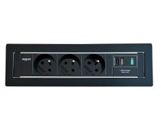 Vestavná zásuvka MAGNAT-FRAME,  3× 230 V + 1× USB-A/C nabíječka, barva černá, kabel 2m