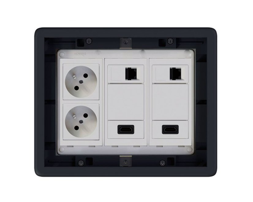 Podlahová zásuvka 2x 250V/16A (zásuvka bílá), 2x RJ45 cat.6, 2x HDMI, plné víko, barva boxu grafitová, s pouzdrem pro lité podlahy