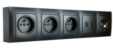 Zásuvkový blok nástěnný 3x 250V/16A + 2x RJ45 stíněný cat.6 + 1x TV-SAT koncová, bez kabelu, barva černá matná