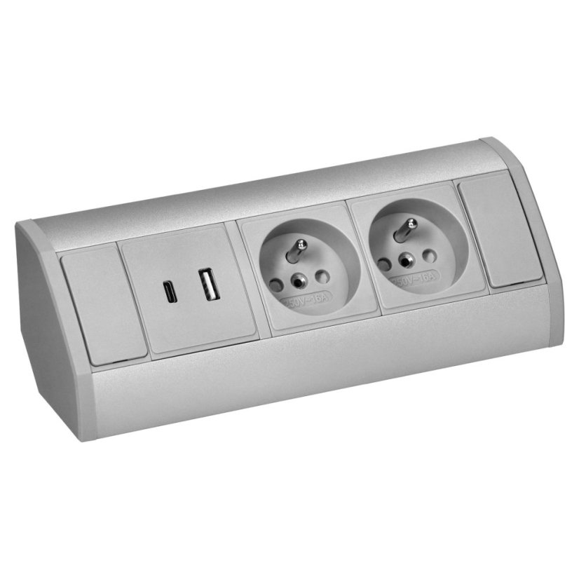 Rohový zásuvkový blok, 2x zásuvka 230V + 2x USB nabíječka A+C 5V, šedo-stříbrná barva