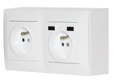 Zásuvkový blok nástenný 2x 250V / 16A s clonkami + 2x USB nabíjačka, bez kábla, farba biela