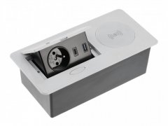 Výklopný blok AVARO PLUS, 1x 230V, 2x USB-A/C nabíjací, 1x bezdrôtová nabíjačka Qi, kábel 1.5m, farba strieborná