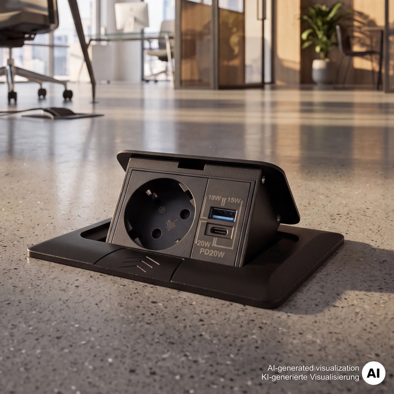 Podlahová zásuvka FLOOR BOX,  1×230 V (schuko), USB-A + USB-C PD 20 W, barva černá