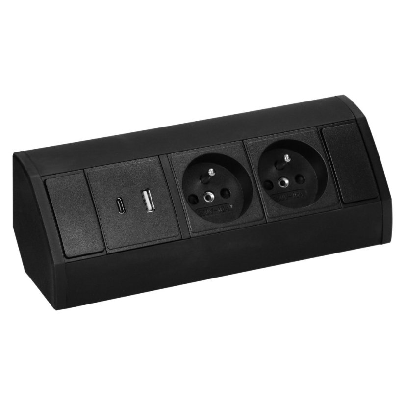 Rohový zásuvkový blok, 2x zásuvka 230V + 2x USB nabíječka A+C 5V, barva černá