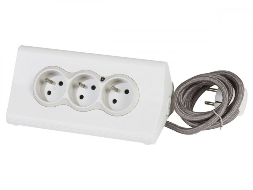 Multifunkčný blok, 3x zásuvka 230V, 2x USB-A nabíjací, vypínač, držiak tabletu alebo telefónu, farba bielo-sivá