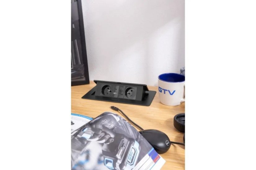 Výklopná zásuvka MULTISOFT, 2x 230V,  USB A/C nabíječka, RJ45, barva černá, kabel o délce 1.5m