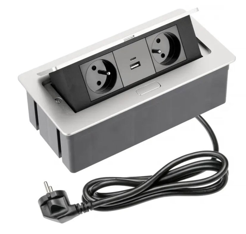 Výklopná zásuvka 2x 230V, 2x USB A+C nabíjecí 15W, barva stříbrná (hliník), kabel o délce 1.5m