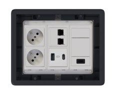 Podlahová zásuvka 2x 250V/16A (zásuvka bílá), USB nabíječka A+C, 2x RJ45 cat.6, 1x HDMI , barva boxu grafitově-šedá, s puzdrom pro lité podlahy