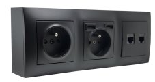 Zásuvkový blok nástenný 2x 250V/16A s clonkami + 2x USB nabíjačka 5V + 2x RJ45 cat.6 netienená, bez kábla, čierna matná