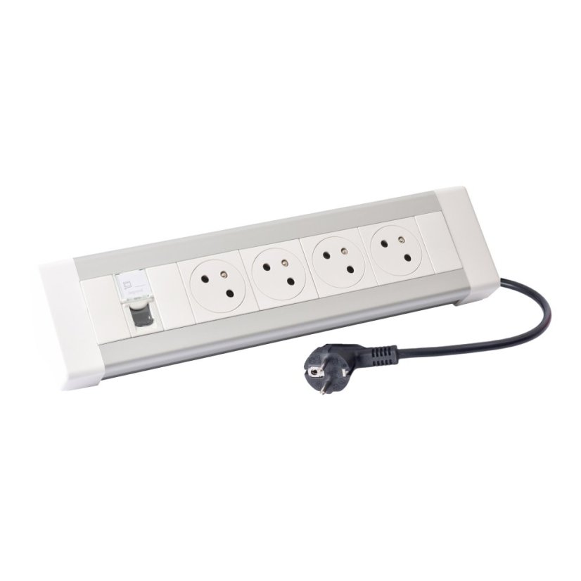 Stolní blok On Desk, 4x zásuvka 250V (surface 45°), 1x port RJ45, cat.6, kabel 3m, barva hliník - bílá Stolní blok On Desk, 4x zásuvka 250V (surface 45°), 1x port RJ45, cat.6, kabel 3m, barva hliník - bílá