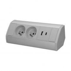 Rohový zásuvkový blok, 2x zásuvka 230V + 2x USB nabíječka A+C 5V, šedo-stříbrná barva