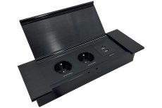 Zásuvkový blok s výklopným krytom, 2x 230V, 2x USB nabíjačka A+C 3.6A, kábel 1.5m, farba čierna