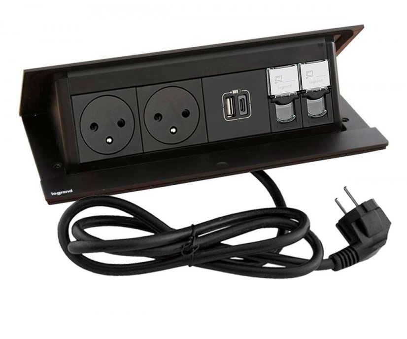 Pop-up blok INCARA 2x zásuvka 250V surface, 1x USB A+C nabíječka 15W, 2x RJ45 cat.5, montážní rám, barva černá, kabel 2m