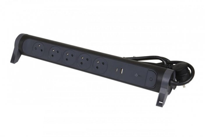 Prodlužovací přívod otočný, 5x zásuvka 230V, USB nabíječka A+C, přepěťová ochrana, vypínač, kabel 1.5m, barva tmavě šedá - černá