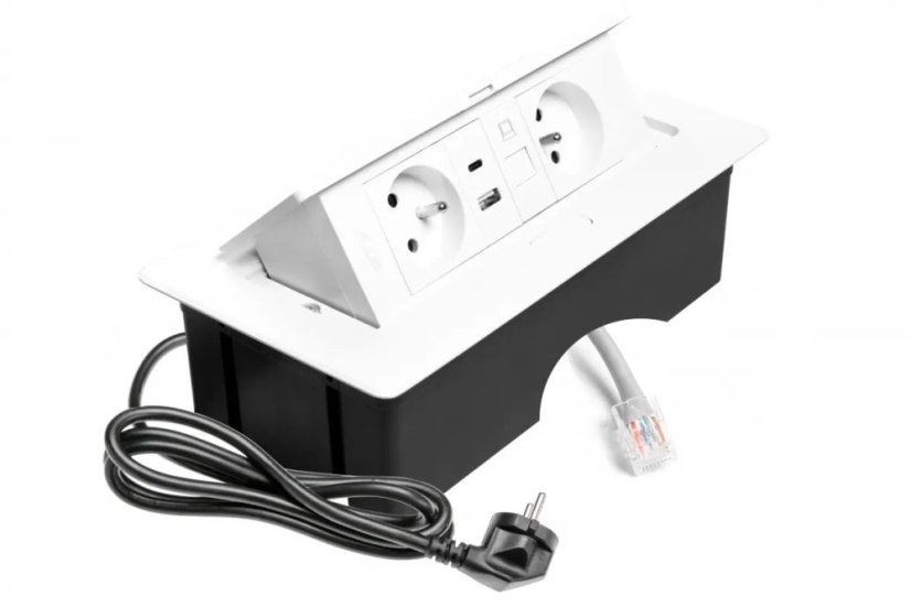 Výklopná zásuvka MULTISOFT, 2x 230V,  USB A/C nabíječka, RJ45, barva bílá, kabel o délce 1.5m