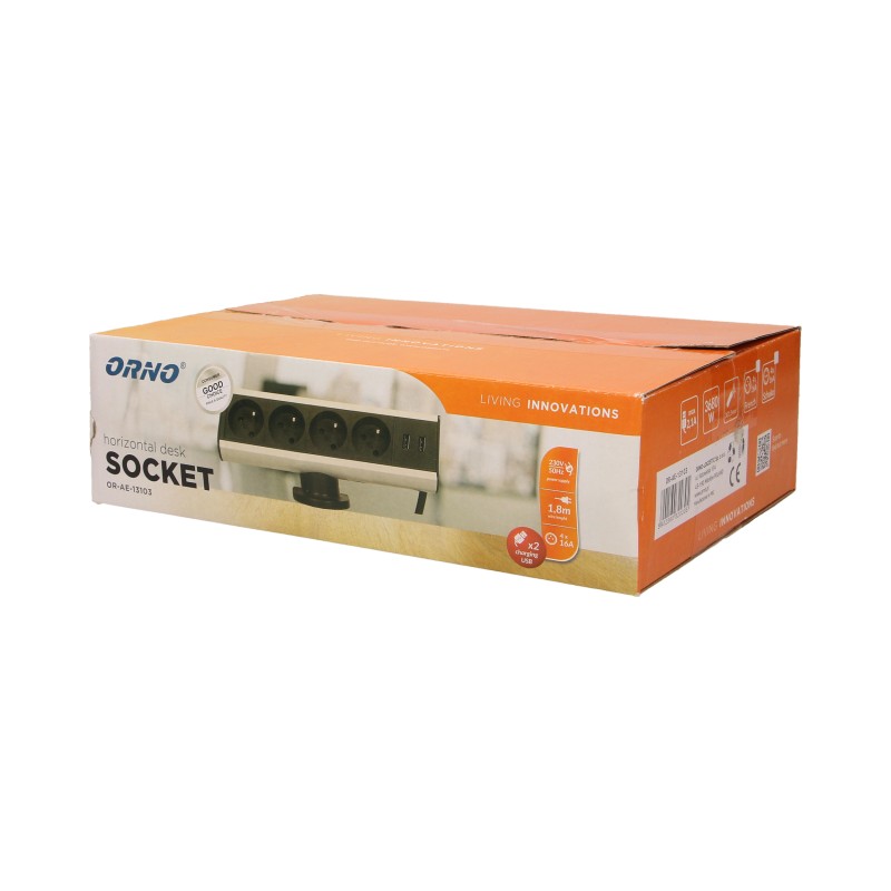 Zásuvkový box se svorkou, 4x zásuvka, 2x USB, kabel 1.8m