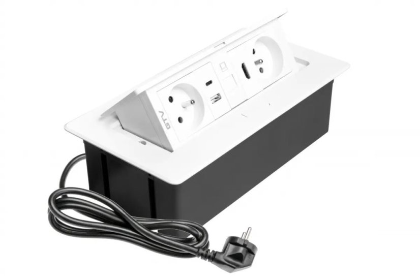 Výklopná zásuvka MULTISOFT, 2x 230V,  USB A/C nabíječka, RJ45, HDMI, barva bílá, kabel o délce 1.5m