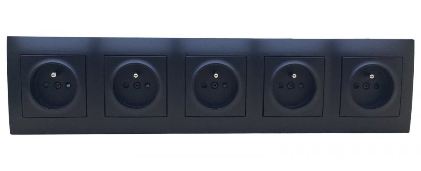Zásuvkový blok nástěnný 5x 250V/16A s clonkami, bez kabelu, černá matná barva