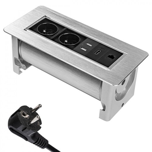 Otočná zásuvka do stolu v hliníkovém pouzdře, barva stříbrná, 2x 230V + 2x USB nabíjecí + 1x RJ45 + 1x HDMI, kabel 1.5m