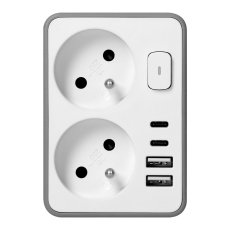 Zásuvkový rozbočovač  2×230 V, 2×USB-A + 2×USB-C 17 W, vypínač, bílo-šedý
