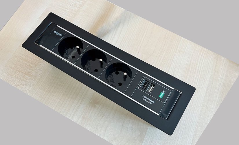 Vestavná zásuvka MAGNAT-FRAME,  3× 230 V + 1× USB-A/C nabíječka, barva černá, kabel 2m