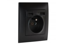 Zásuvka 1x 230V/16A s 2x USB nabíjačkou 5V / 2.1A v rámčeku, inštalácia pod omietku, farba čierna
