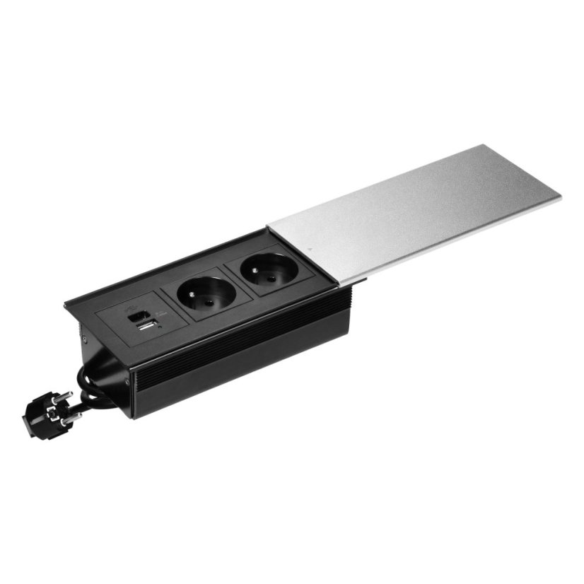 Zásuvkový blok s posuvným víkem, 2x 230V, 1x USB nabíječka A+C 4.2A, kabel 1.8m, barva stříbrná