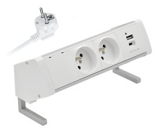 Stolný zásuvkový blok, 2x 250V, 2x nabíjací USB 5V/4.2A (A+C), kábel 1m, farba bielo-strieborná