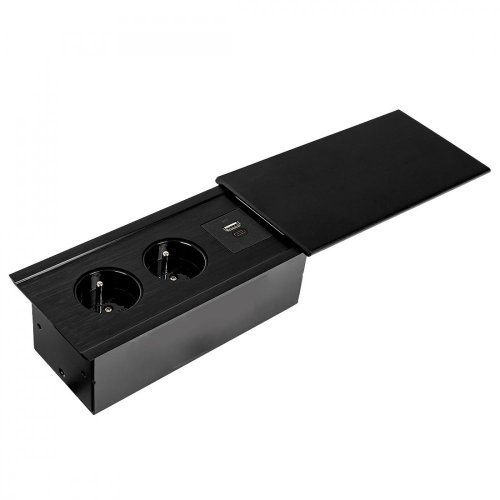 Zásuvkový blok s posuvným víkem v černé barvě , 2x 230V, 2x USB nabíječka A+C, kabel 1.5m