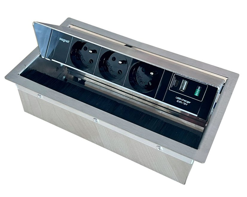 Výklopná zásuvka MAGNAT-BOX 3× 230 V + 1× USB-A/C nabíječka, provedení nerez, kabel 2m